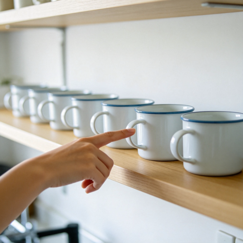 A person's hand pointing towards one of several identical, neatly arranged ceramic mugs on a wooden shelf. The other mugs are slightly out of focus. The scene suggests a choice or reference to one unspecified item among many. Clean, well-lit kitchen setting. Photography style.