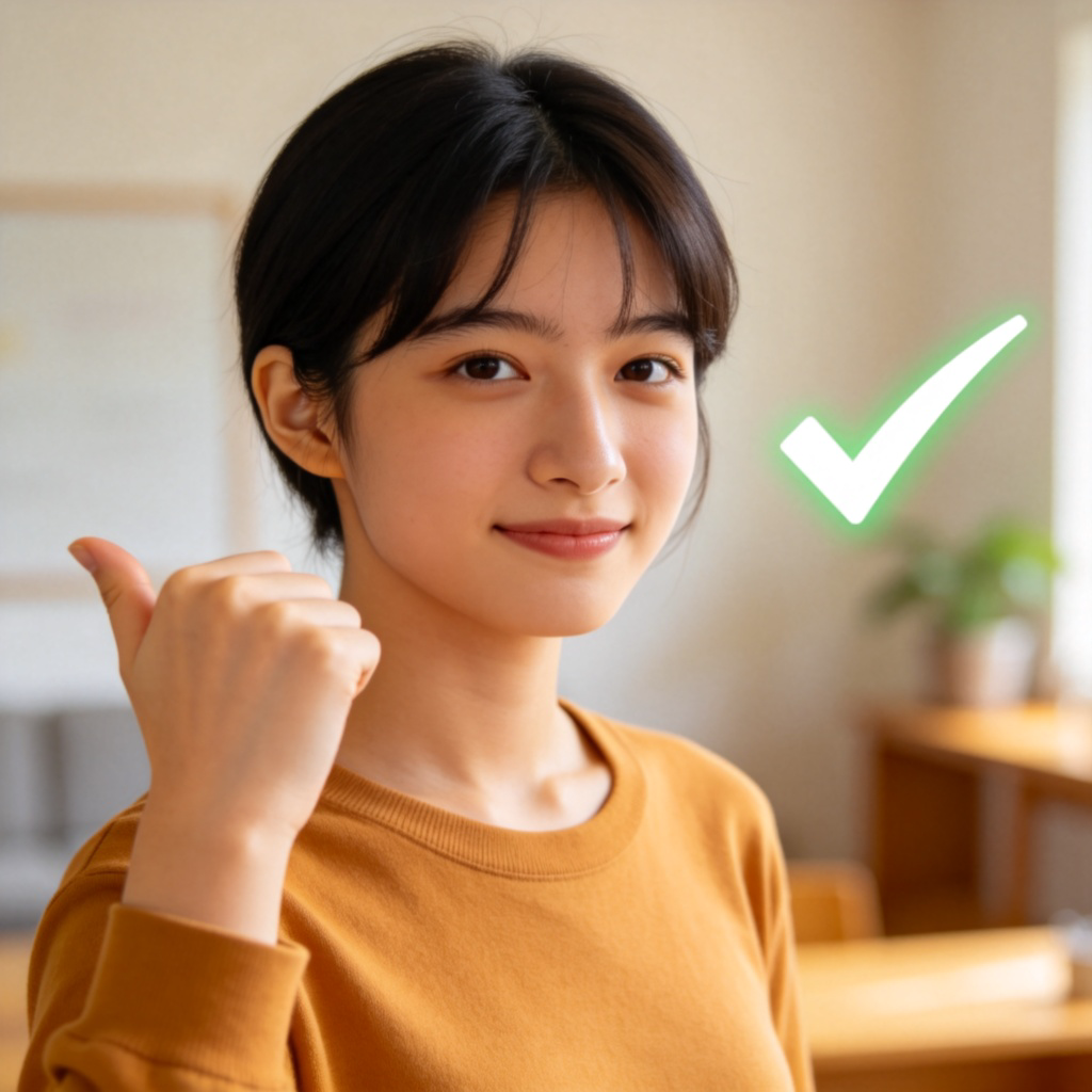A young person with a confident expression is nodding their head decisively. They are standing in a simple room, with a clear checkmark symbol visible in the background, emphasizing certainty. Bright, natural lighting, focus on the person's face and gesture. No text.