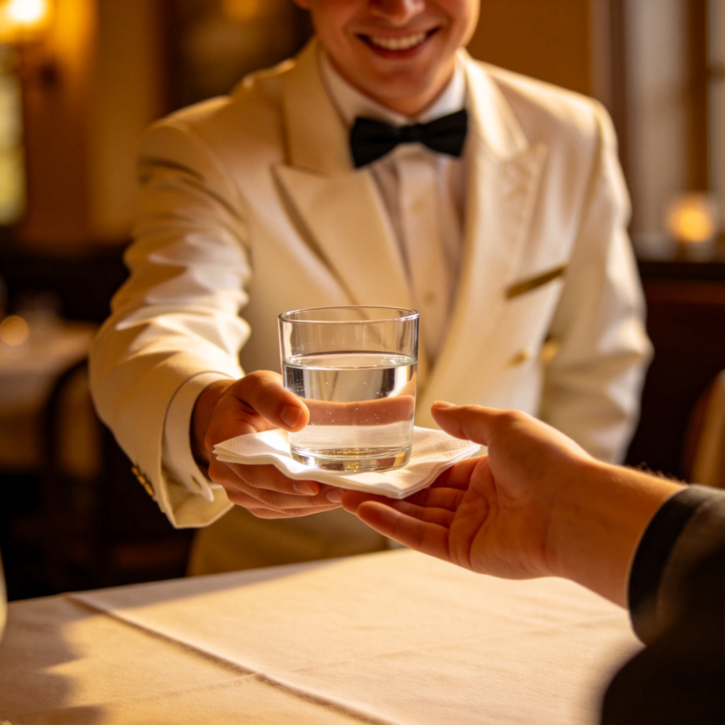 A waiter in a clean uniform is smiling and politely handing a glass of water to a customer at a restaurant table. The customer's hand is reaching out to accept it. Warm, inviting lighting, focus on the interaction and the glass. No text.