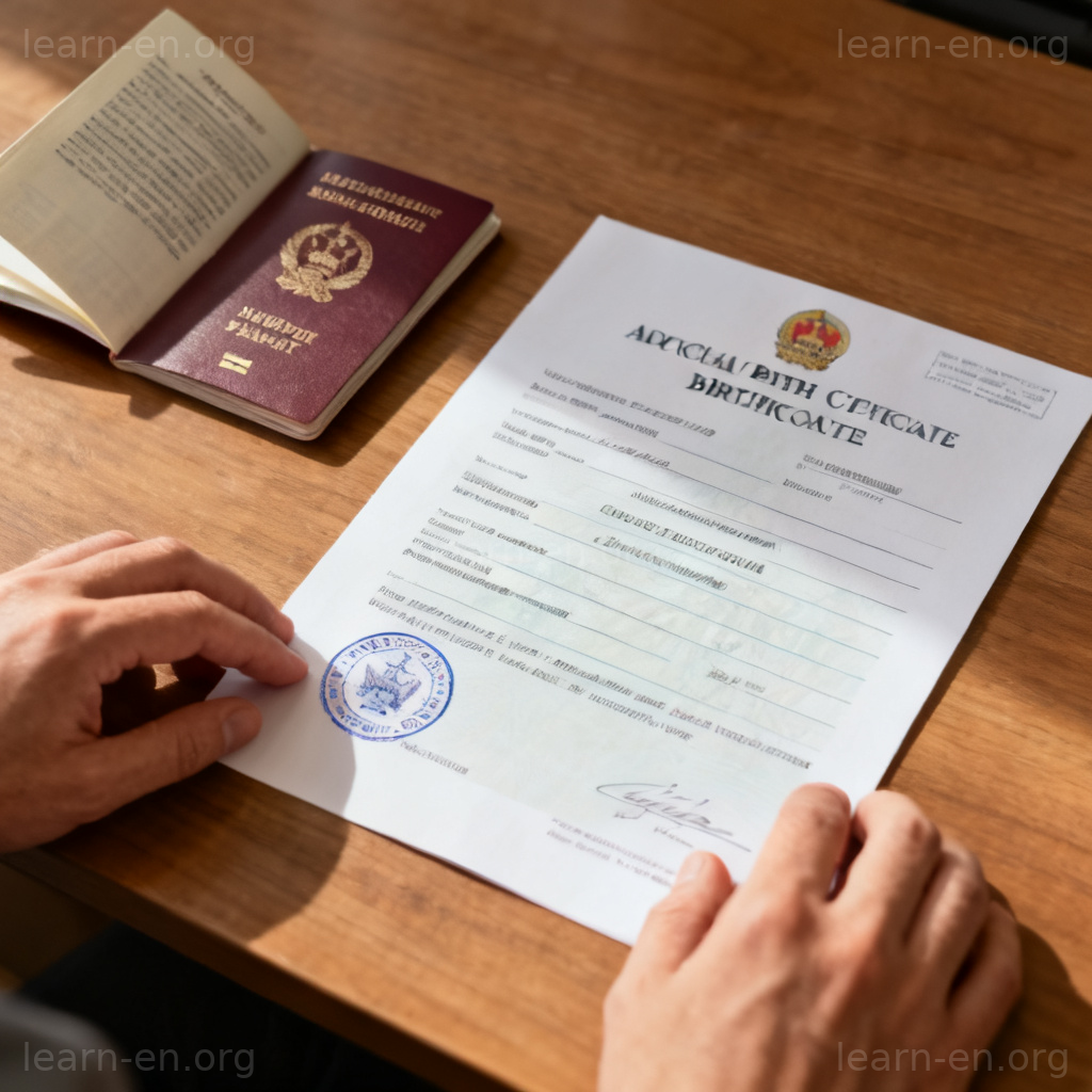 Hands placing birth certificate on desk with passport