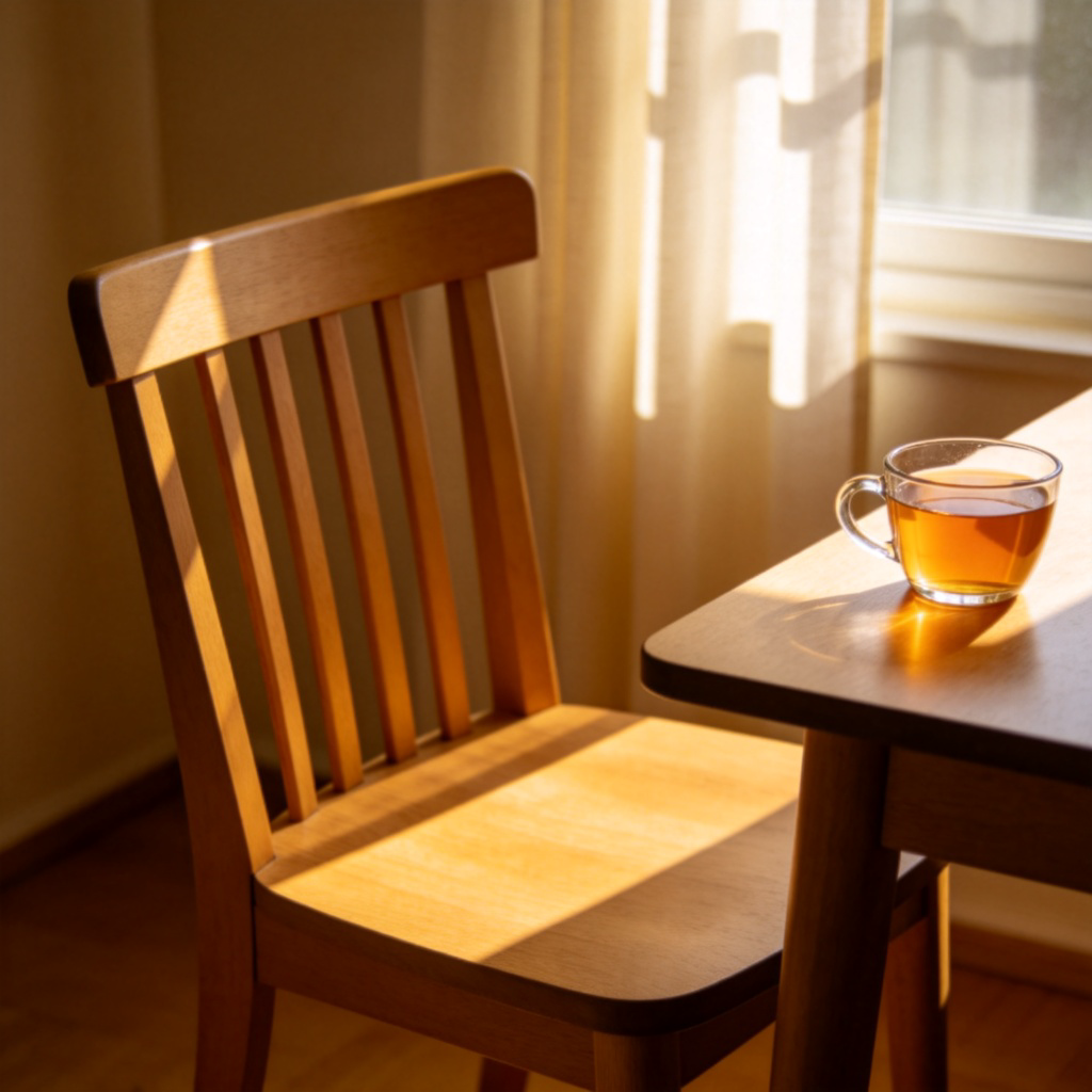 A simple wooden dining chair placed next to a table with a cup of tea on it. Sunlight streams through a window, casting a soft shadow. The chair is in sharp focus with a slightly blurred background, highlighting its familiar four-legged structure and backrest. No people, no text.