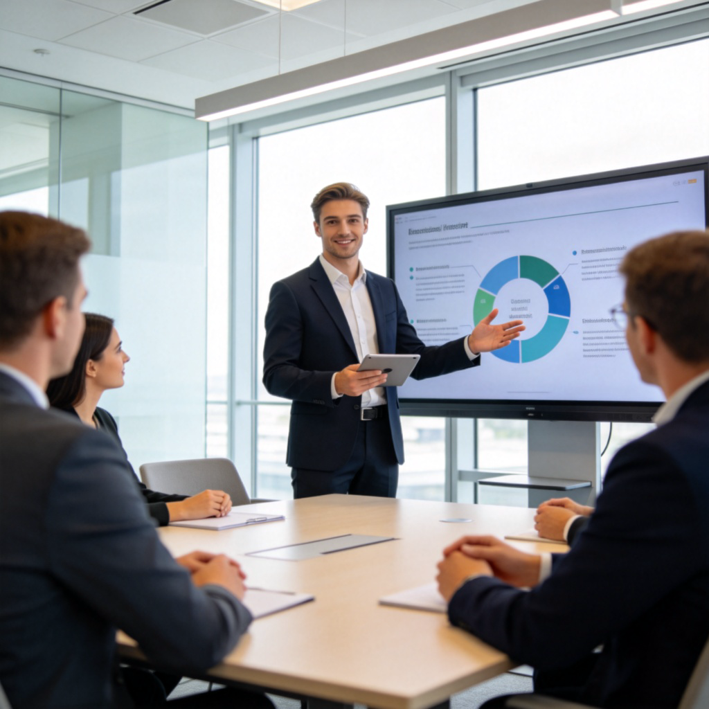 A confident person standing at the front of a modern meeting room, holding a small tablet, and gesturing towards a screen with a presentation. Other people are seated around a table, listening attentively. The focus is on the standing person leading the discussion. Bright, professional lighting. No text.