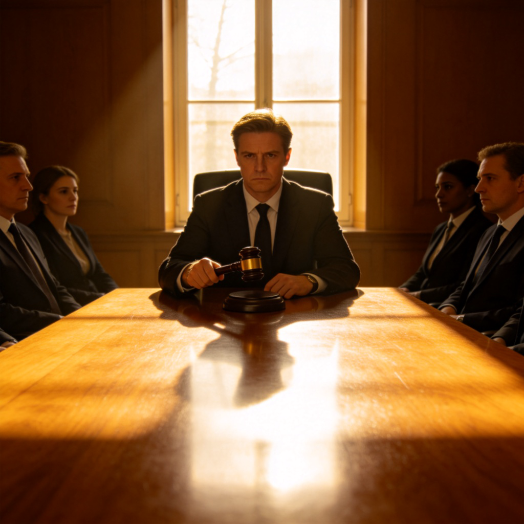 A person sitting at the head of a large wooden table in a conference room, holding a small gavel and looking at the other attendees. They have a serious but attentive expression. Sunlight streams through a window, lighting the table. The focus is on the person in the chairman's seat. No text.