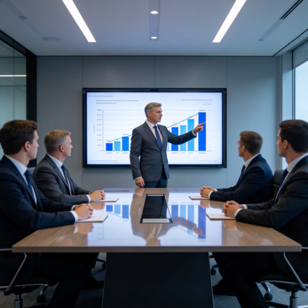 A confident, well-dressed person in a suit standing at the front of a sleek boardroom, pointing to a chart on a screen during a presentation. Other professionals are seated around the table, listening attentively. Modern office setting, professional atmosphere. The chairman is the clear focal point. No text.