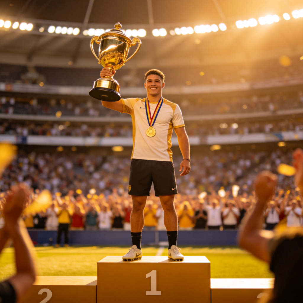 champion 冠军图解：运动员高举奖杯站在领奖台上