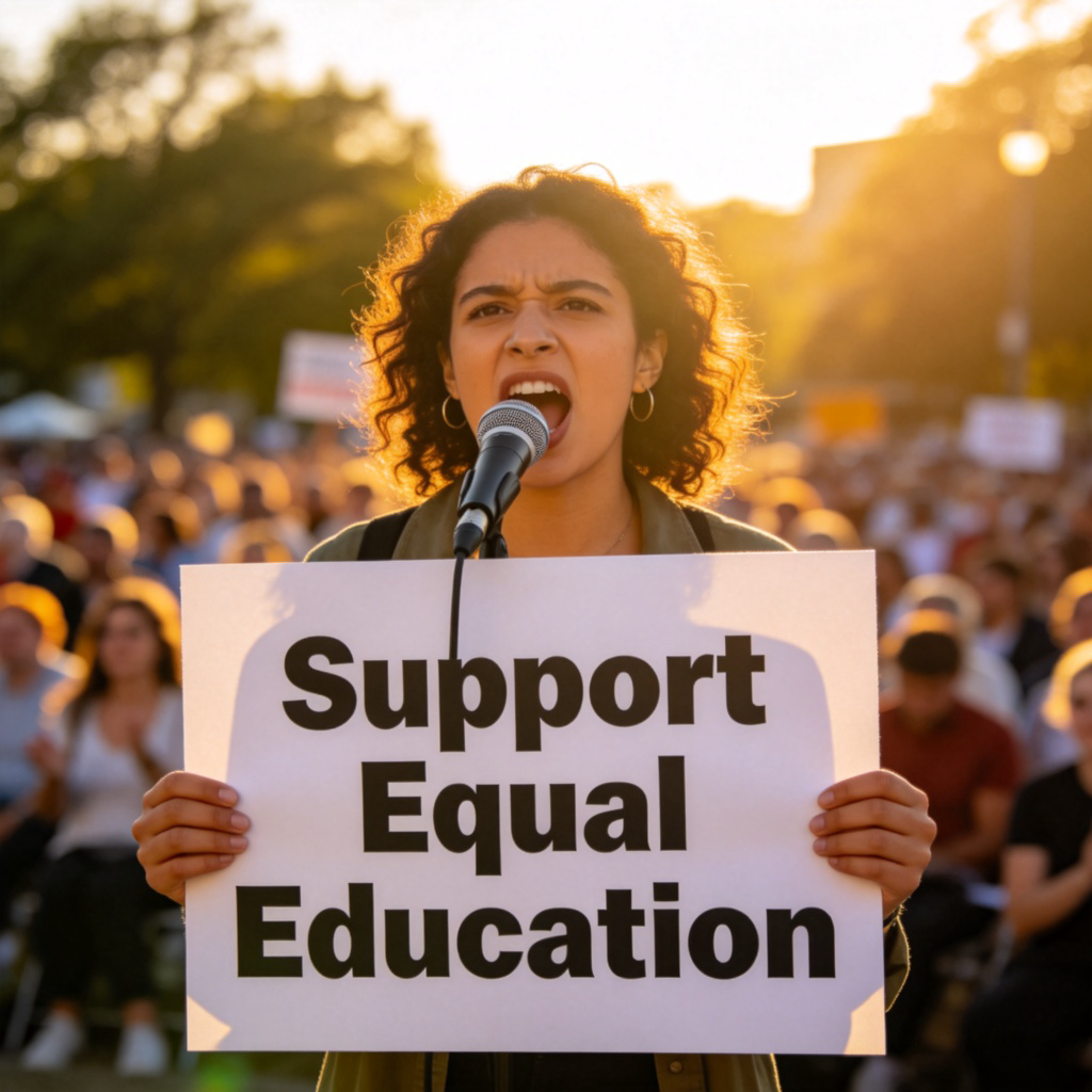 champion 捍卫图解：支持者在集会上举牌呼吁平等教育