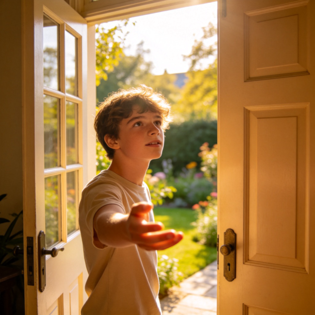 A young person standing in front of an open door, with sunlight and a beautiful garden visible on the other side. They are reaching out their hand towards the doorframe, expression hopeful. Clean, bright photography, focus on the person and the symbolic open door.