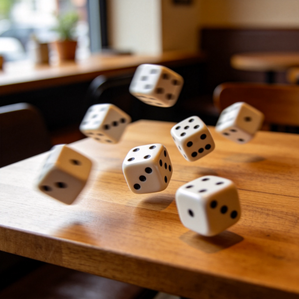 A close-up of dice tumbling and bouncing on a wooden table, motion blurred to show movement. The lighting is casual, like in a home or cafe. The focus is on the random motion and the uncertainty of where they will land. No text or numbers visible on the dice.