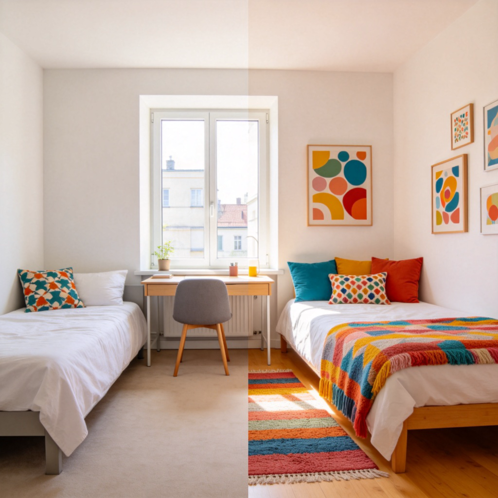 A before-and-after diptych style image. Left side: a simple room with a bed and a desk. Right side: the same room rearranged, with the bed against a different wall and colorful new decorations added. Bright, natural lighting. Clear visual contrast between the two states. No text.