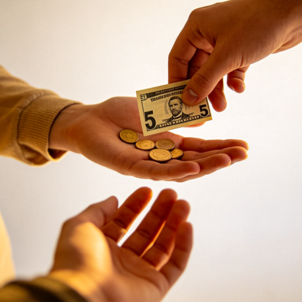 A person's hand holding out a few coins and a small bill (like a five-dollar bill) towards the camera, against a plain background. Another hand is seen receiving the money. This clearly shows the concept of receiving change after a purchase. Soft focus on the money. No text or store logos.