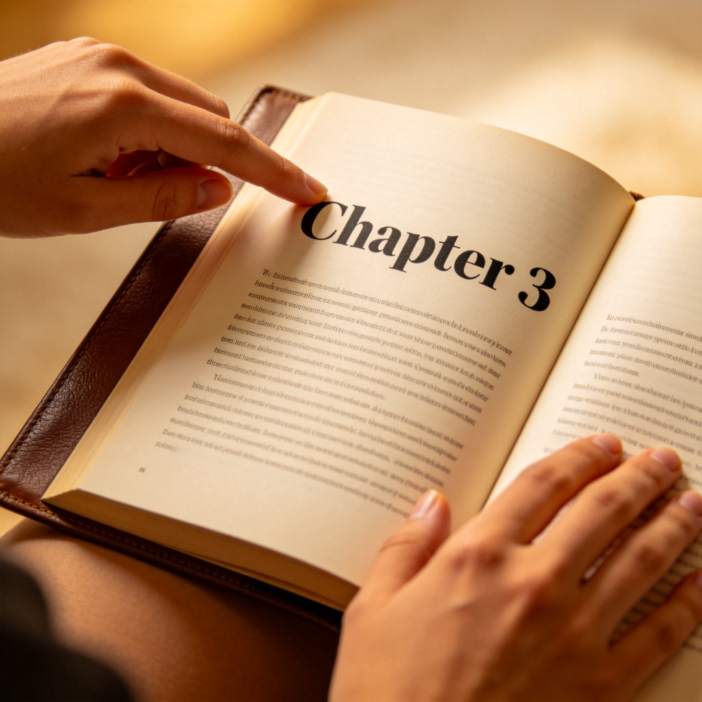 A person reading a hardcover book open to the beginning of a new chapter. The page clearly shows the large, bold words 'Chapter 3' at the top, followed by the first paragraph. The reader's finger is pointing to the chapter title. Warm, cozy lighting, focused on the book and hands. No text besides the intended 'Chapter 3'.