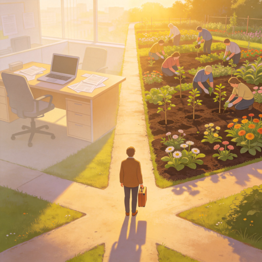 A symbolic scene of a person at a crossroads in life. On one side, a faint image of an office desk fading away. In front of the person, a sunlit path leads towards a community garden with people planting trees. The person is holding a small suitcase, looking forward with hope. Illustrative style, clear metaphor for transition. No text.