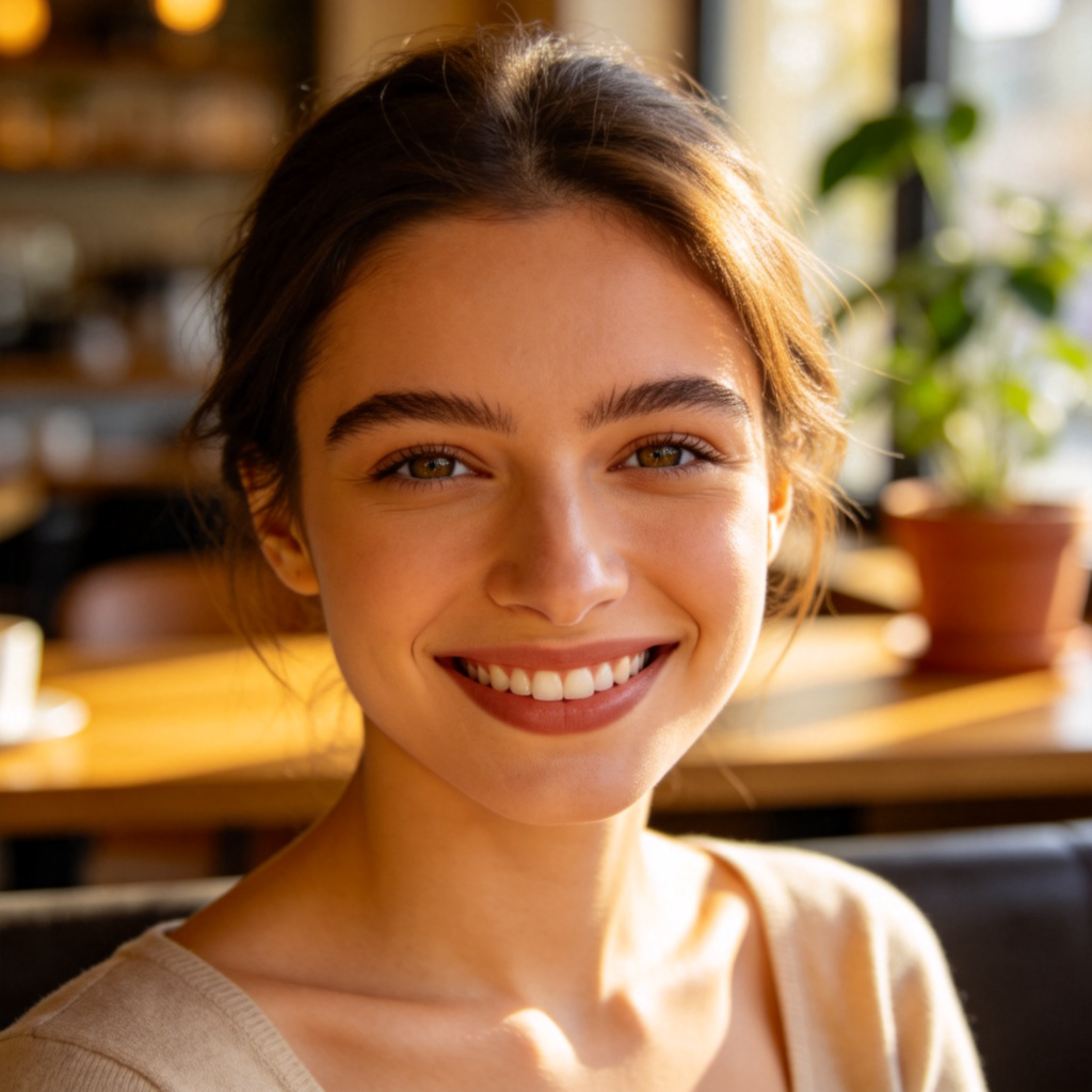 A person with a warm, confident smile, making direct eye contact with the viewer. They are in a relaxed social setting, perhaps at a cafe, their body language is open and inviting. The focus is on their friendly and engaging expression that makes them likable. Soft, natural lighting. No text.