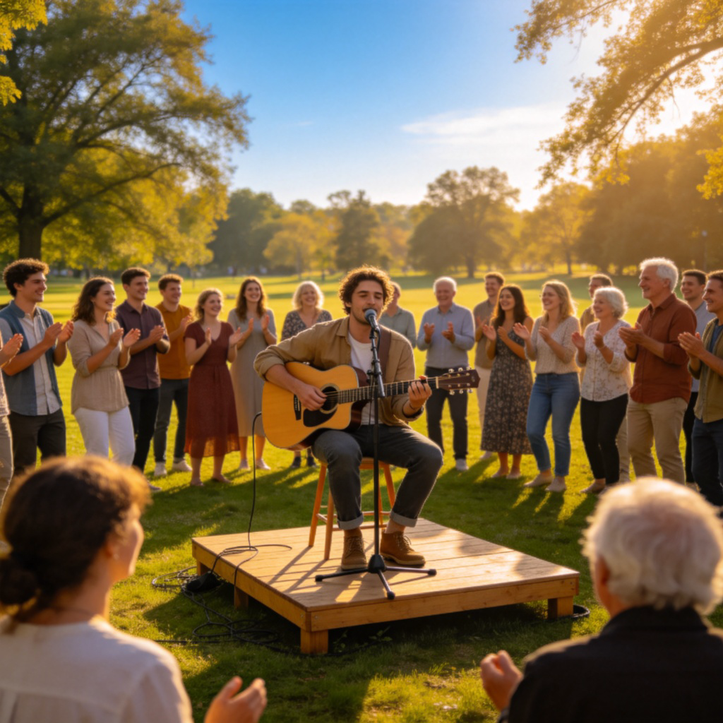 A musician playing a guitar and singing on a small stage in a park. A diverse group of people, young and old, are gathered around, smiling, swaying, and completely focused on the performer, looking captivated. The scene shows the performer actively delighting the audience. Sunny day, natural setting. No text.
