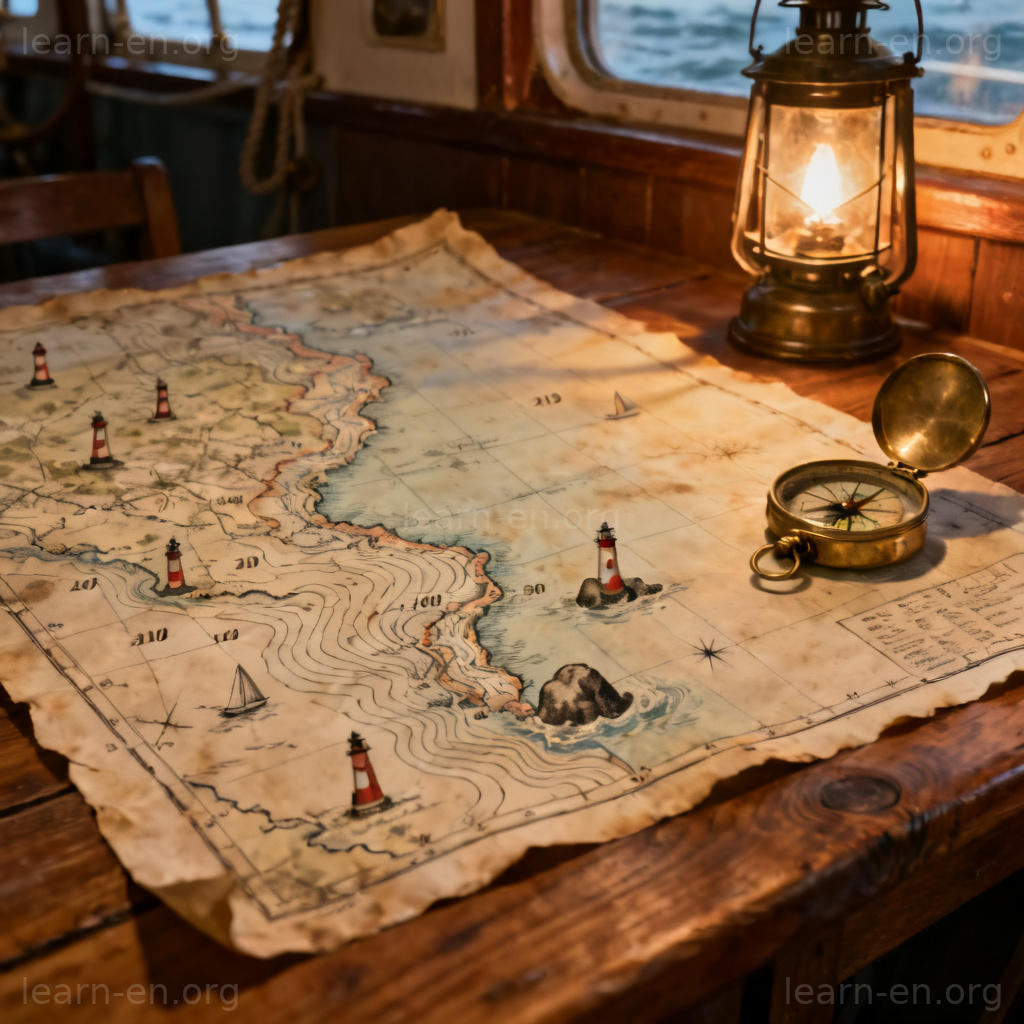 Nautical chart map spread on a wooden table with a compass for maritime navigation.