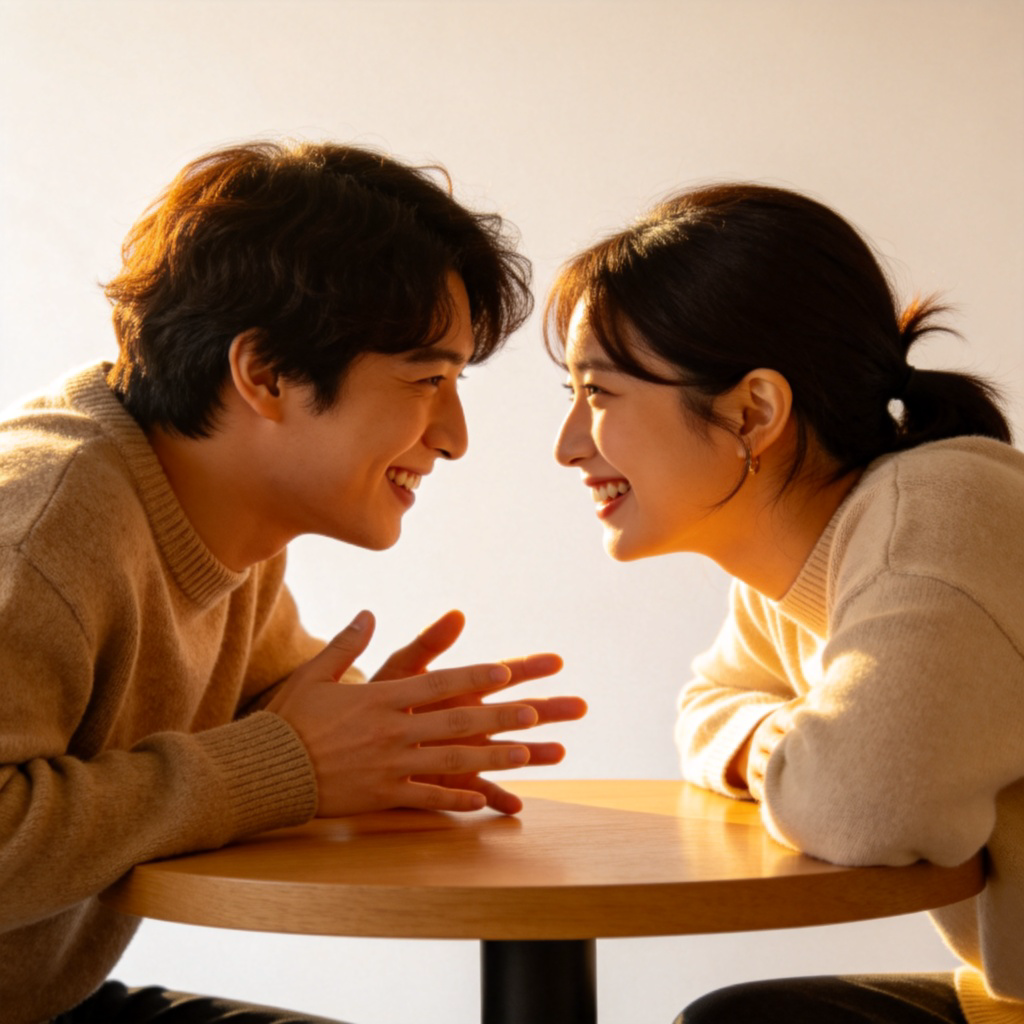 Two people sitting at a cozy cafe table, leaning slightly towards each other, smiling and engaged in a friendly conversation. One person is gesturing with their hands while talking. Warm, natural lighting, focus on their expressions and interaction. Plain background.