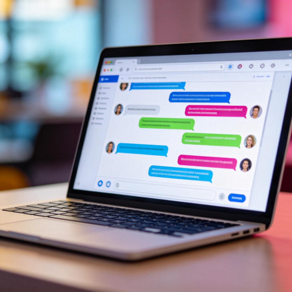 A close-up view of a laptop screen showing an open chat window on a social media or messaging app. The window is filled with colorful text bubbles from different people. The background is blurred, focusing solely on the digital conversation.