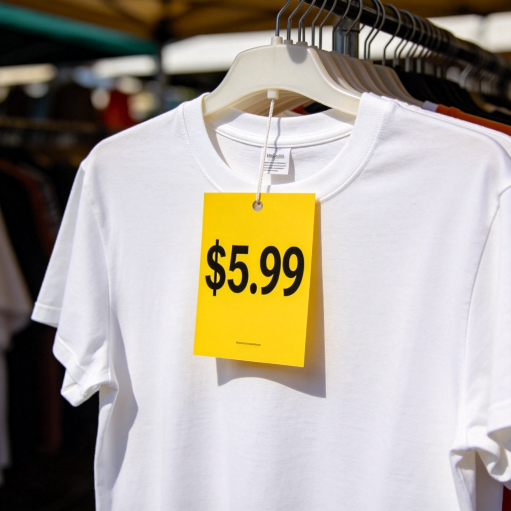 A close-up photo of a bright yellow price tag on a simple white T-shirt in a market stall. The tag clearly shows a low price like '$5.99'. The background is slightly blurred, focusing on the tag and the fabric of the T-shirt. Daylight, clear and realistic. No text or logos on the clothing.