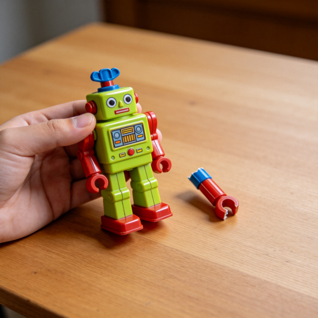 A person's hand holding a brightly colored but poorly made plastic toy robot. One of the robot's arms has snapped off and is lying next to it on a plain wooden table. The plastic looks thin and shiny in a way that suggests poor quality. Sharp focus, realistic style, neutral lighting.