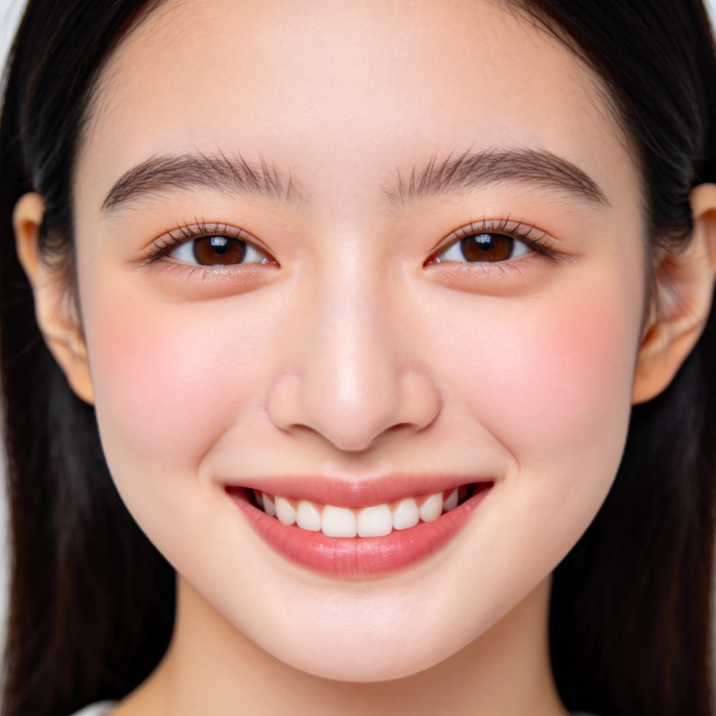 A close-up portrait of a smiling young person, facing the camera. Focus on the soft, rounded area of the face just below the eyes and to the sides of the nose. The cheeks are slightly flushed pink, looking healthy and natural. Plain, soft-focus background, studio lighting.