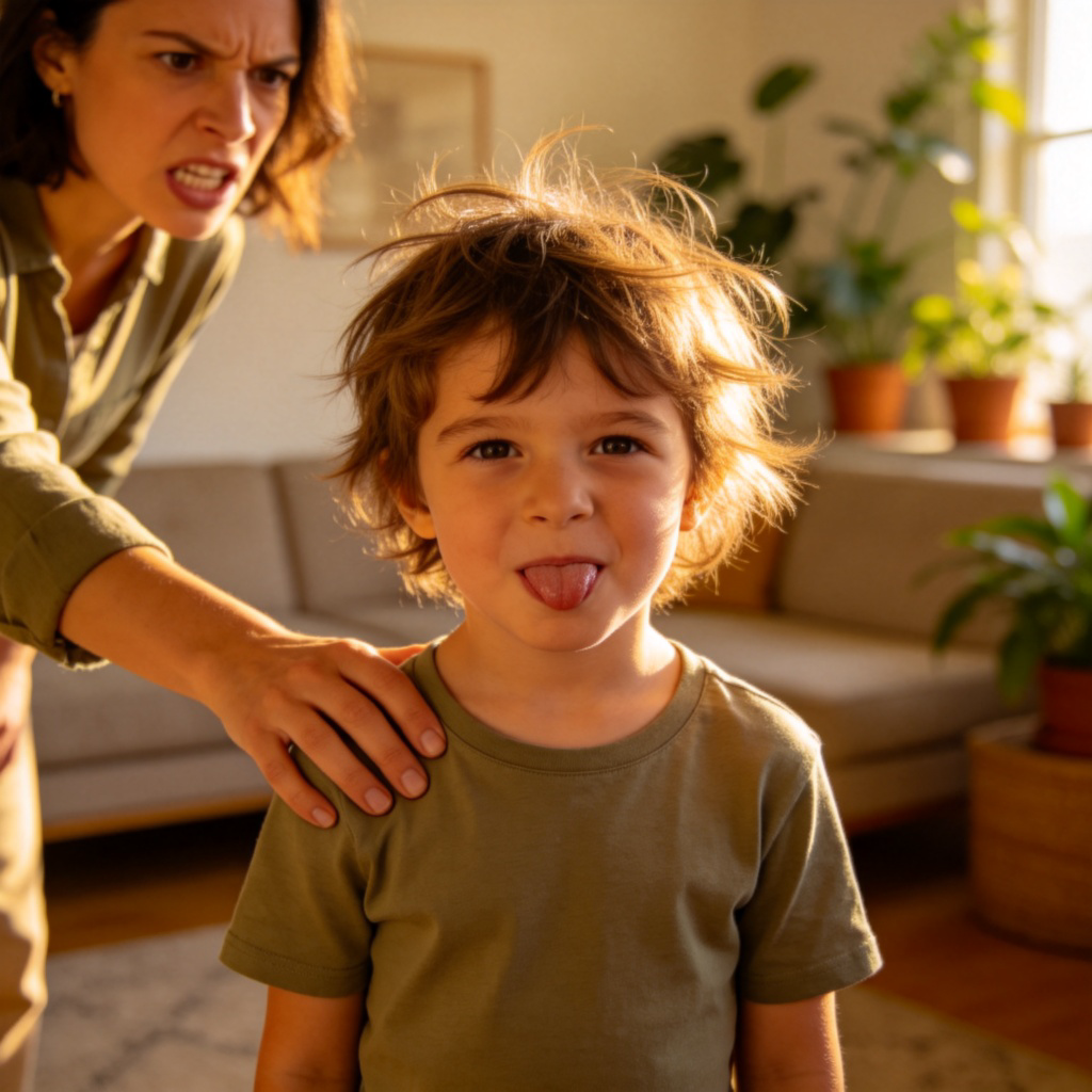 A mischievous-looking child sticking their tongue out slightly after being gently scolded by a parent. The child's expression is playful and unapologetic, embodying a cheeky attitude. Casual home setting, warm lighting.