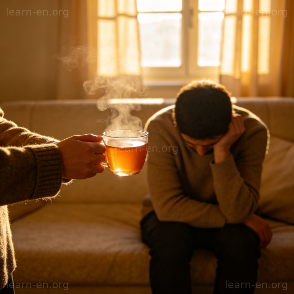 Cheer up 场景图解：朋友递茶安慰沙发上沮丧的人