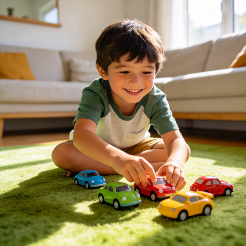 A happy young child, around 6 years old, smiling and playing with colorful toy cars on a green carpet in a bright living room. The child is the main focus, wearing casual clothes, with natural lighting and a simple background. Realistic style, no text.