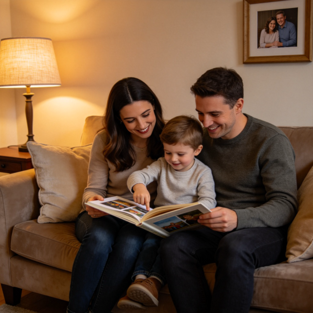 A family photo with a mother, father, and their child sitting together on a sofa, sharing a book. The child is in the middle, pointing at the pictures, while the parents smile warmly. Cozy indoor setting, soft lighting, realistic style, no text.