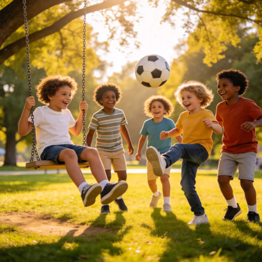 A group of diverse children of about 6-8 years old laughing and playing together in a sunny park. One child is on a swing, another is kicking a football, showing carefree joy. Bright daylight, green grass background, focused on the children's happy expressions and actions. No text.