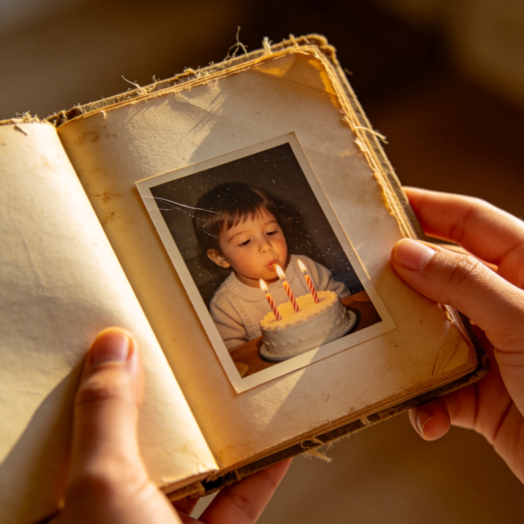 A close-up of a person's hands gently holding an open, aged photo album. One photo shows a small child blowing out birthday candles. Soft, warm lighting, focused on the texture of the old photo and the person's caring hands. No text or modern objects visible.