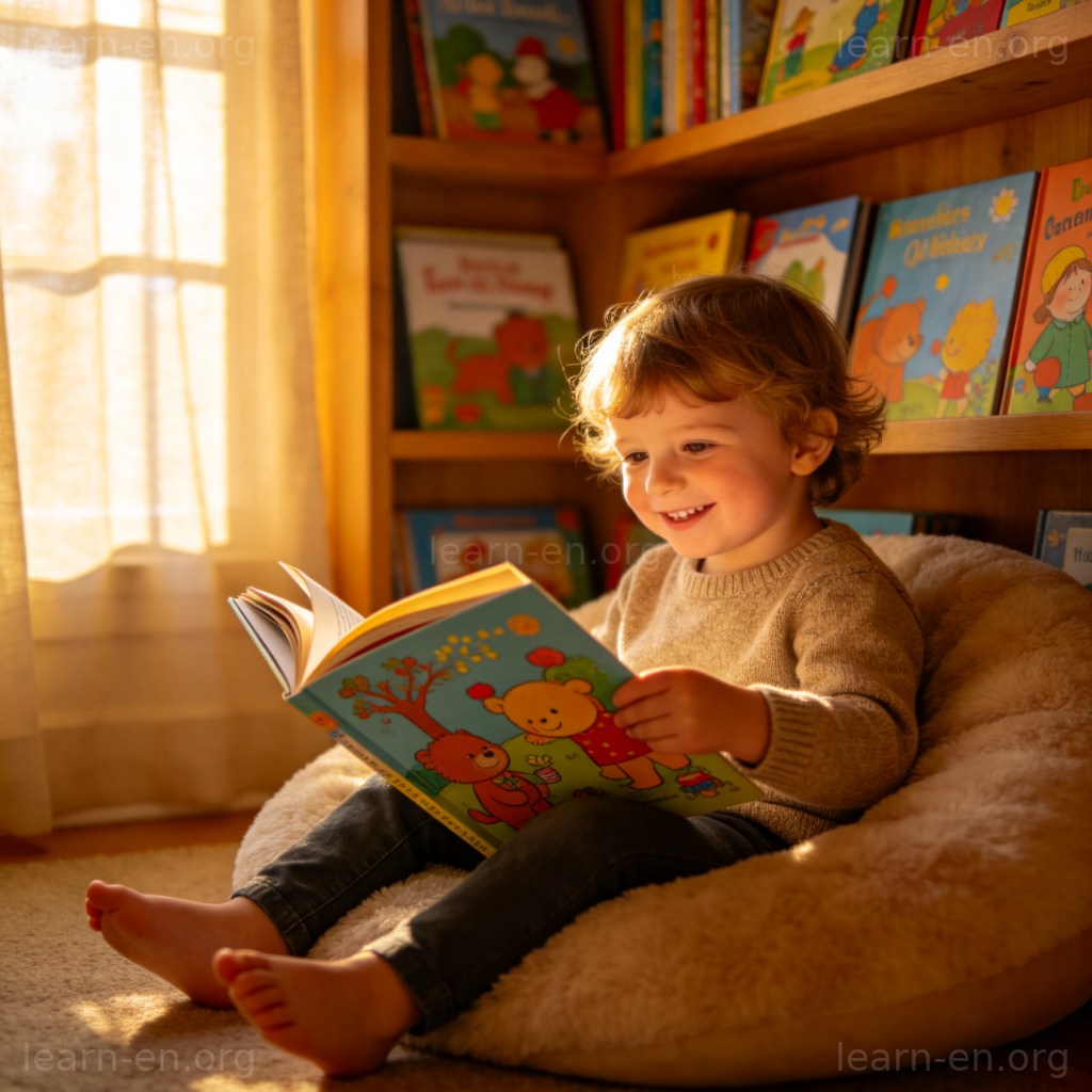 Children's Books 图解：儿童在阅读角开心翻阅彩色绘本的场景