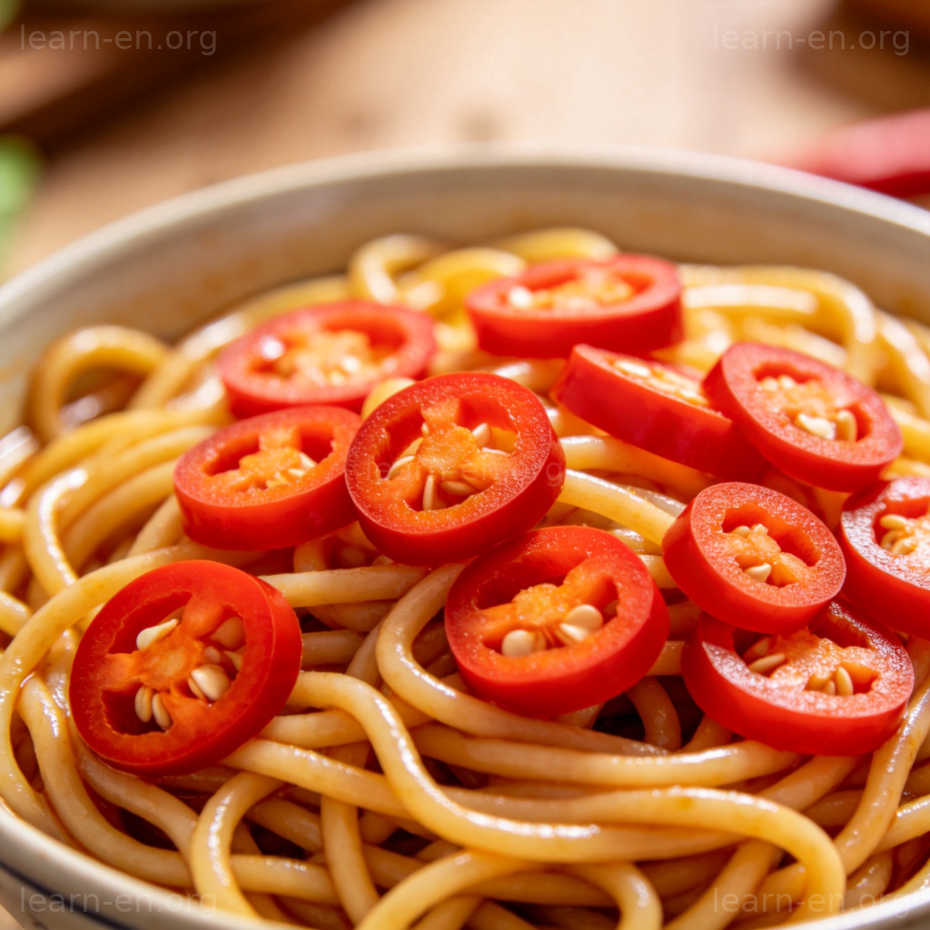 Fresh red chili peppers on noodle bowl