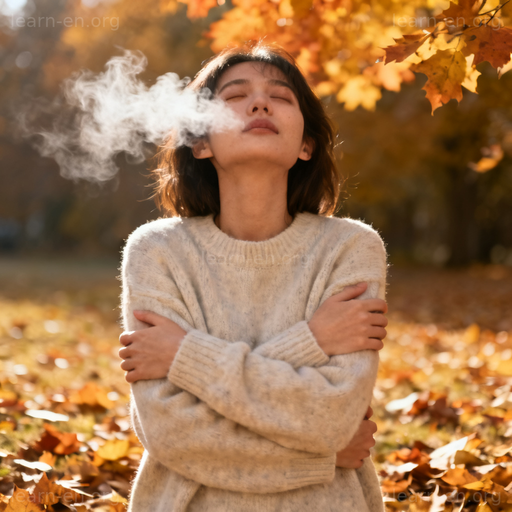 Chill meaning coldness: person in autumn with visible breath, feeling the nip in the air.