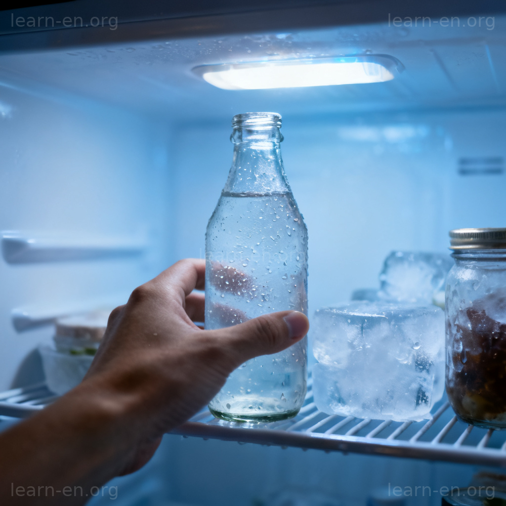 Chill meaning make cold: hand chilling a drink bottle in a refrigerator.