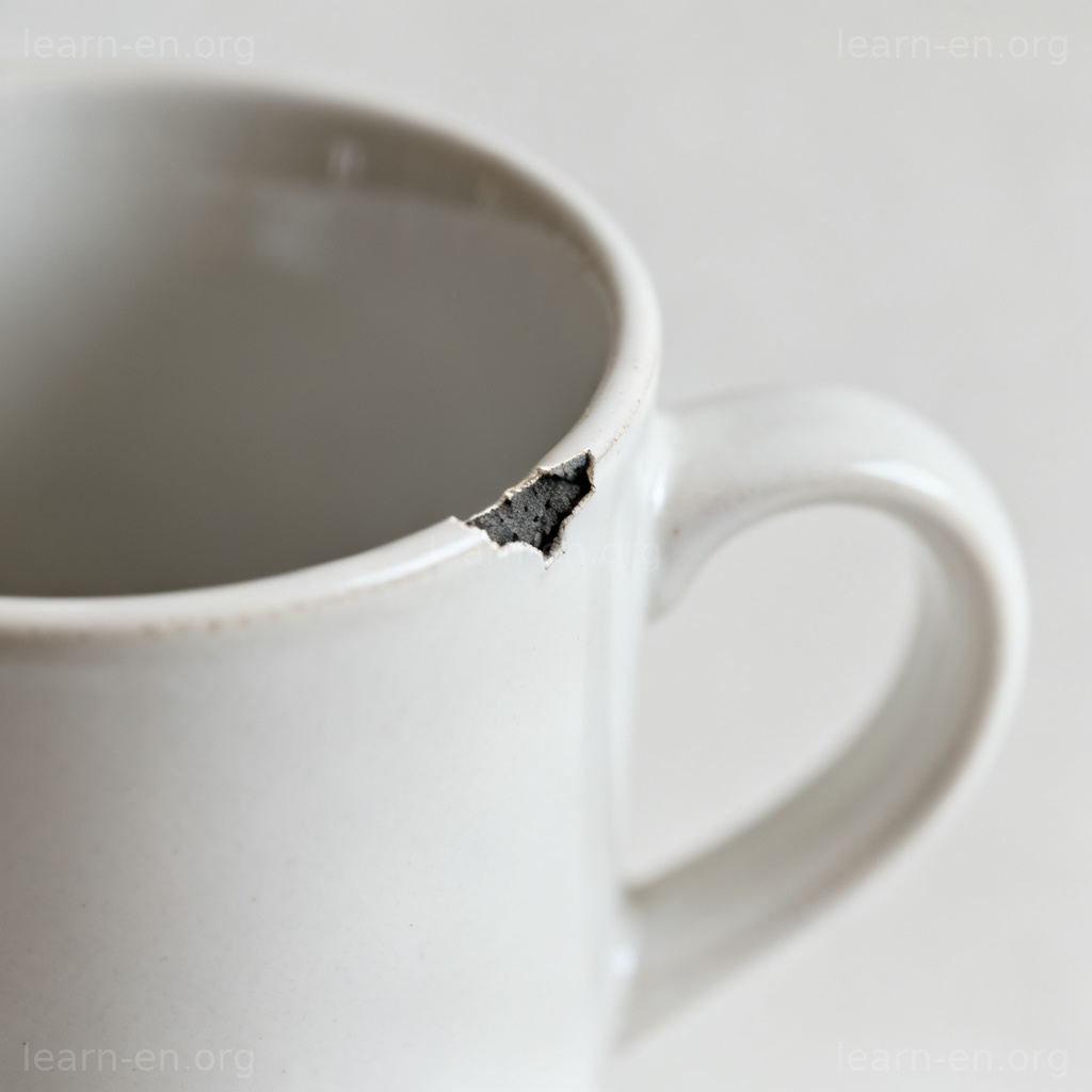 Visual definition of a chip as a small broken piece on a ceramic mug.