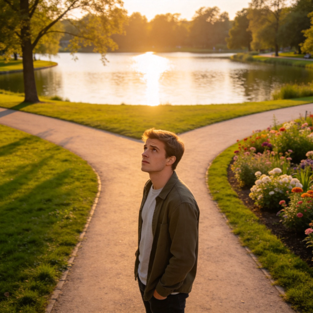 A person standing at a crossroads in a park, looking thoughtfully at two different paths, one leading to a lake, the other to a garden. Sunny day, confused expression. The two paths are clearly visible and distinct. No text.
