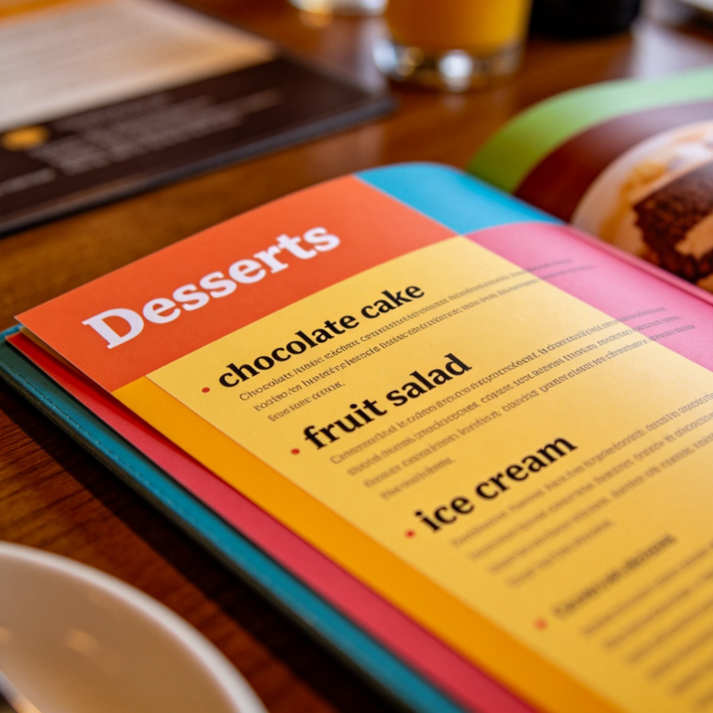 A close-up view of a colorful menu on a restaurant table. The menu is open to a section titled 'Desserts', showing three distinct options: chocolate cake, fruit salad, and ice cream. Soft restaurant lighting, natural focus on the words. No text overlays.