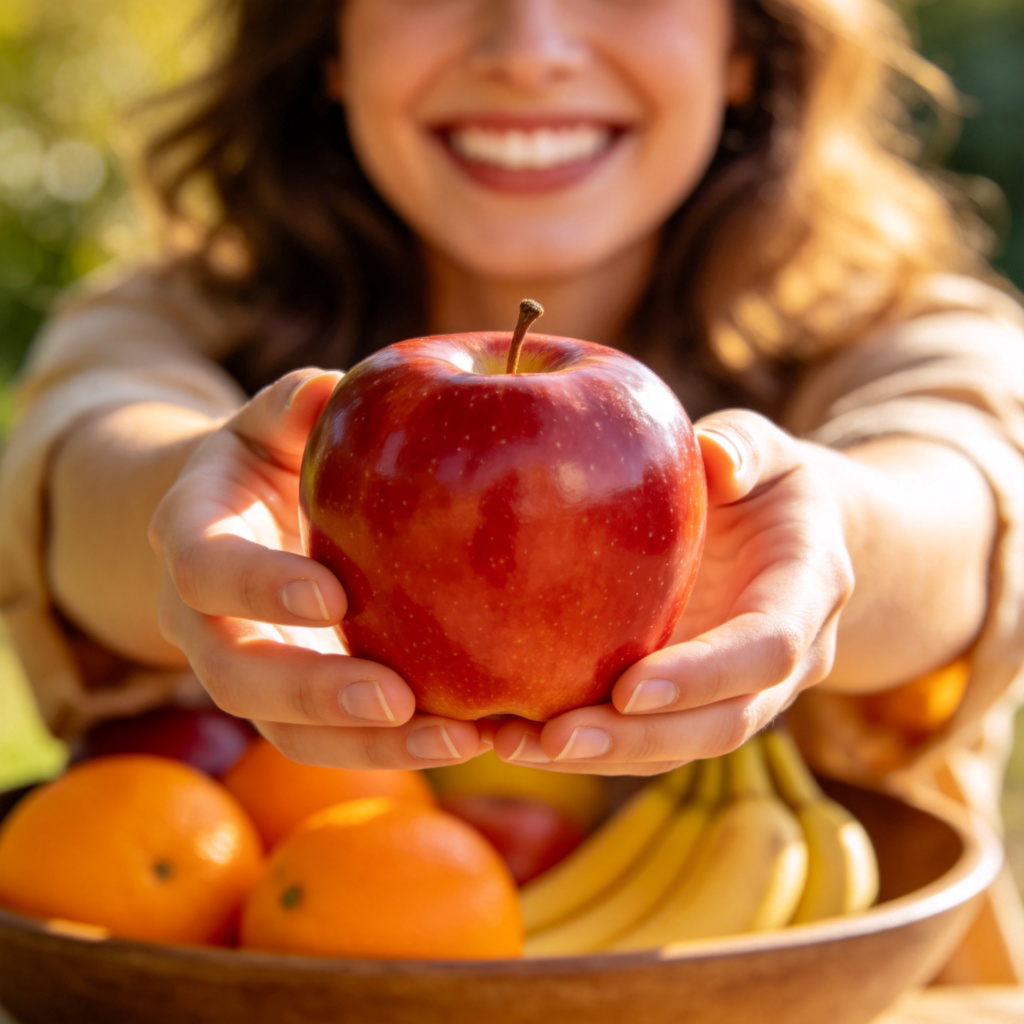A person's hands holding up a single, selected item-a shiny red apple-with a big, bright smile. The apple is front and center, with a blurred background of other fruits (oranges, bananas) in a bowl. Natural sunlight. No text.