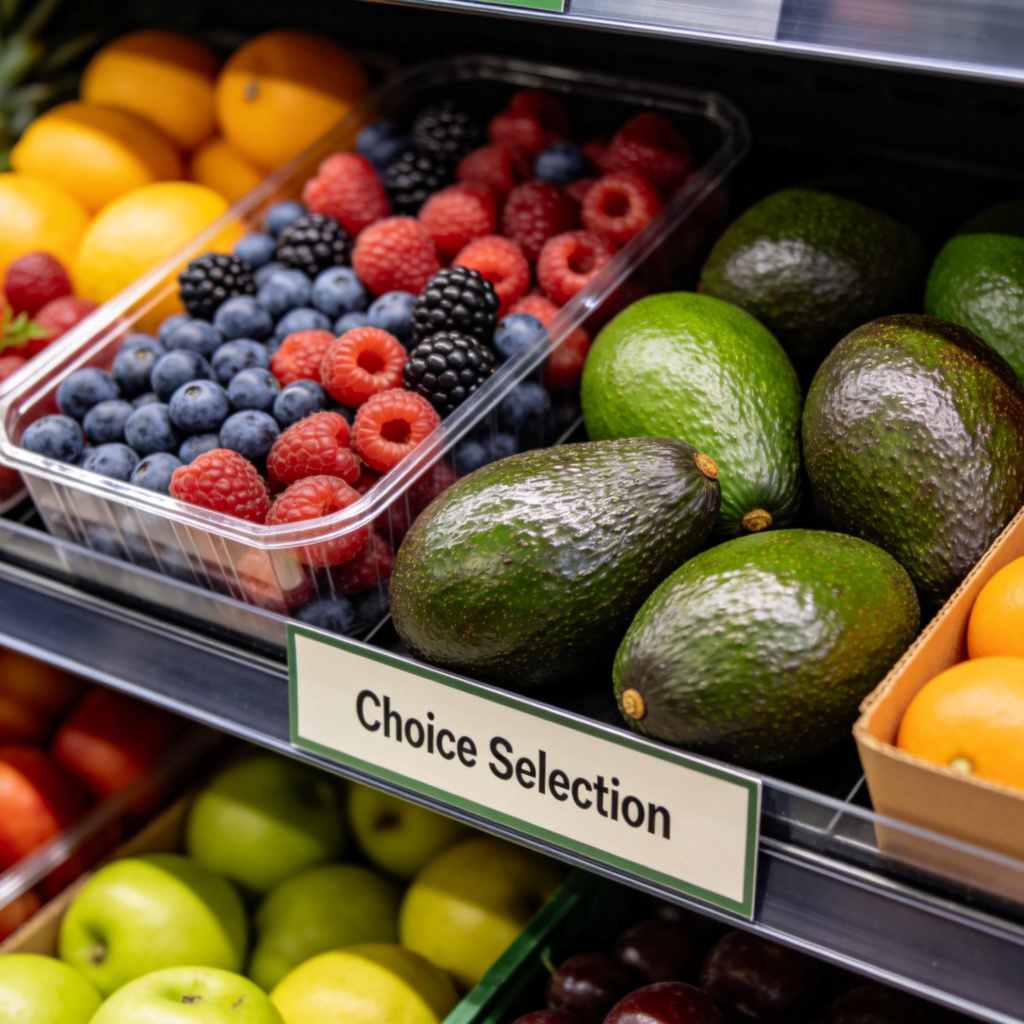 A close-up shot inside a high-end supermarket, focusing on a beautifully displayed section of fresh produce labeled 'Choice Selection'. The fruits and vegetables (like berries, avocados) look perfect, glossy, and neatly arranged. Clean, bright lighting. No visible price tags or text.
