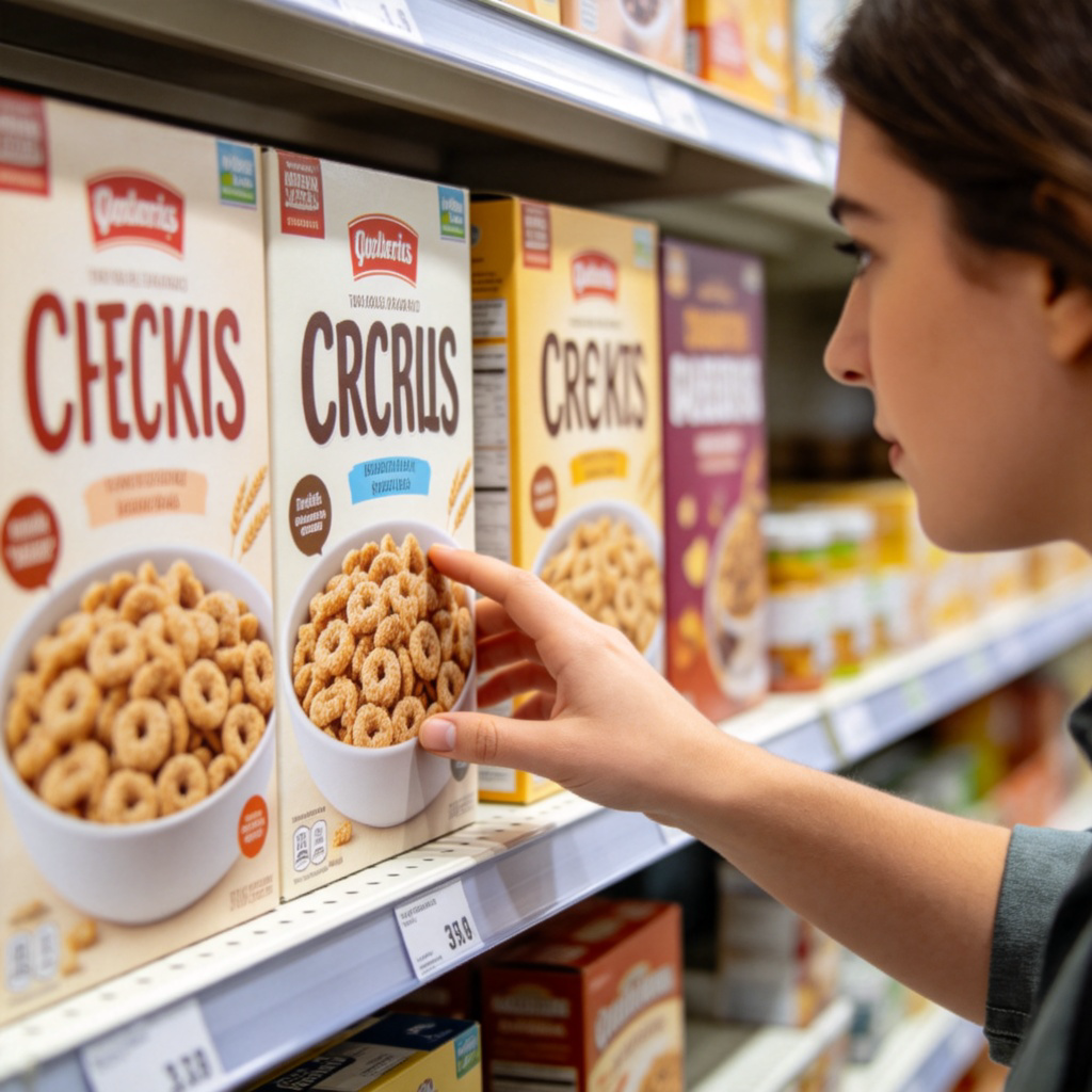 A person standing in a supermarket aisle, looking at a shelf with three different kinds of cereal boxes. Their hand is reaching out towards one box. Clean, well-lit store environment. Focus on the person's hand and the options on the shelf. No text.
