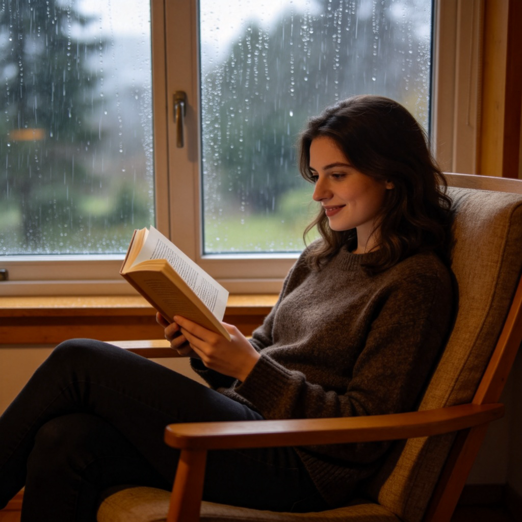 A person sitting comfortably in a chair by a window, holding an open book. Outside the window, it is raining. The person looks content and focused on reading. Cozy indoor atmosphere with soft lighting. No text.