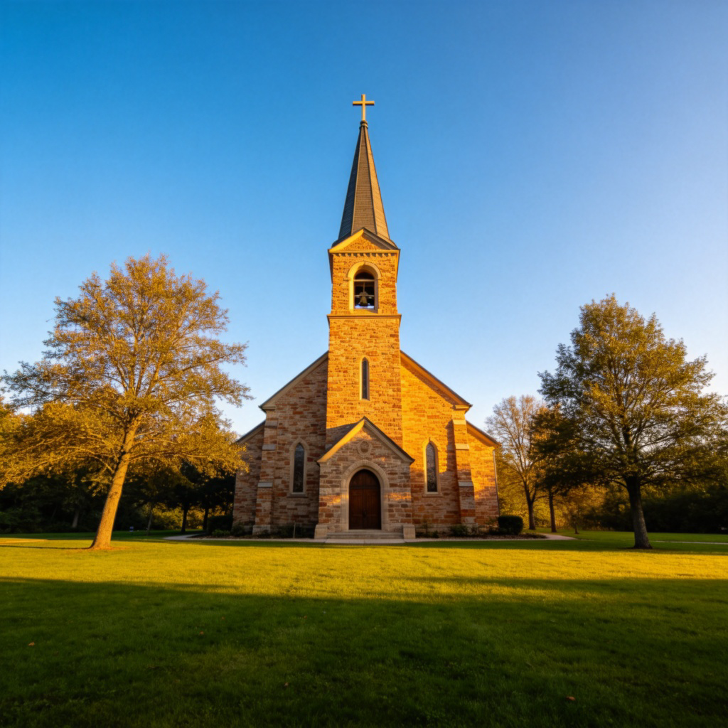 A photo of a traditional Christian church building, made of stone or brick, with a tall pointed spire or bell tower. A clear cross is visible on the spire. The church is on a green lawn under a sunny blue sky, with a few trees around. A wide-angle shot from the front, showcasing the architecture. No text or people.