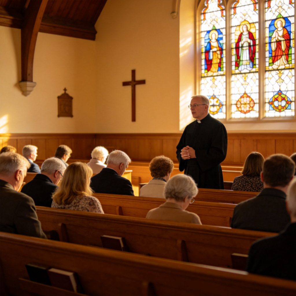An interior view of a church. Focus on the congregation: people of various ages sitting quietly on wooden pews, listening attentively. At the front, a person (a priest or pastor) is standing and speaking. Stained glass windows and simple religious symbols are visible in the background. Warm, natural light fills the space. No text.