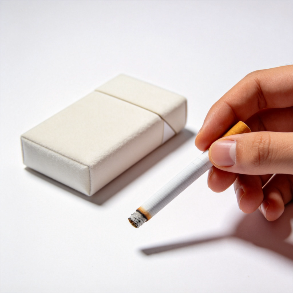 A white background with a rectangular, soft pack of cigarettes lying on its side. Next to it, a single white cigarette with a brown filter tip is held between a person's fingers, as if ready to be lit. The focus is sharp and clear on the objects, with natural lighting. No text or logos visible.