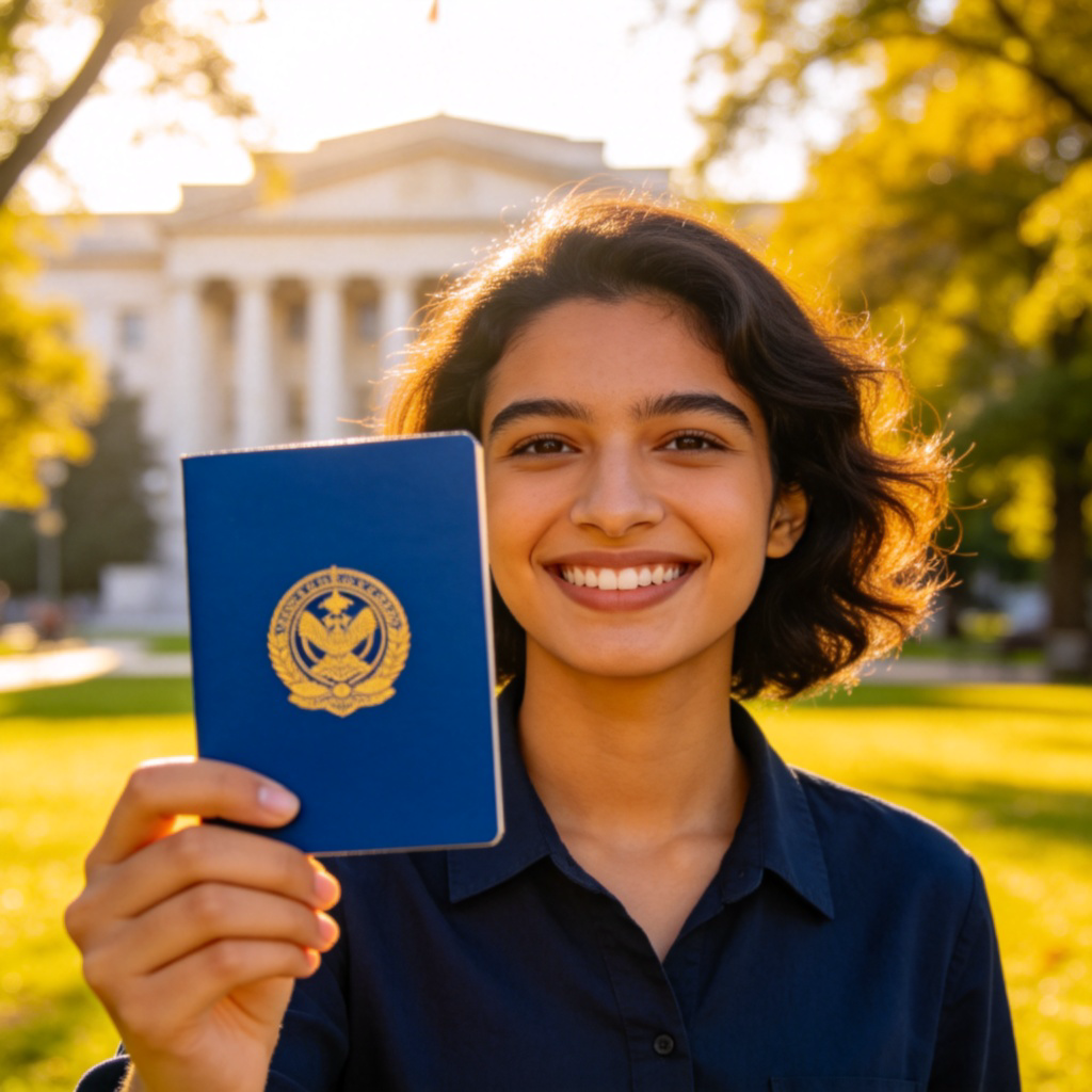 A smiling person of indeterminate age and gender, holding up a blue passport with a gold national emblem clearly visible. They are standing in a sunlit park, with a simple government building faintly visible in the background. The focus is on the passport and the person's proud expression. No text, logos, or distracting details.