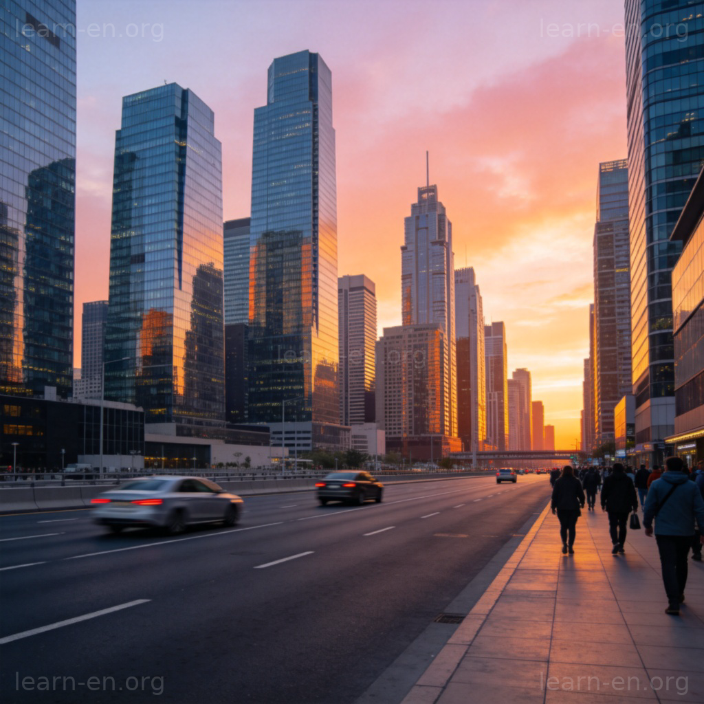 City definition illustrated with a modern urban skyline at dusk, showing skyscrapers, roads, and people.