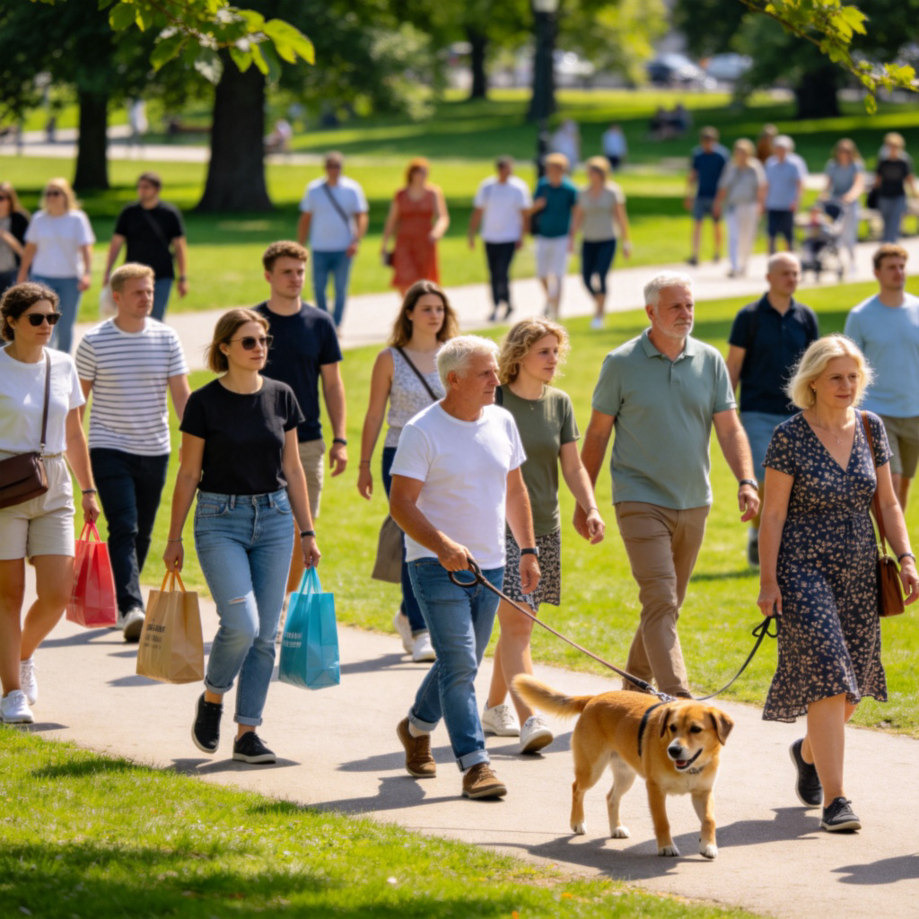 A diverse group of ordinary people of different ages and backgrounds walking in a sunny city park. They are dressed in casual, everyday clothes like t-shirts, jeans, and dresses, carrying shopping bags or walking dogs. The focus is on their peaceful, non-uniformed appearance. No military vehicles or personnel in sight. Photorealistic style, bright and clear.
