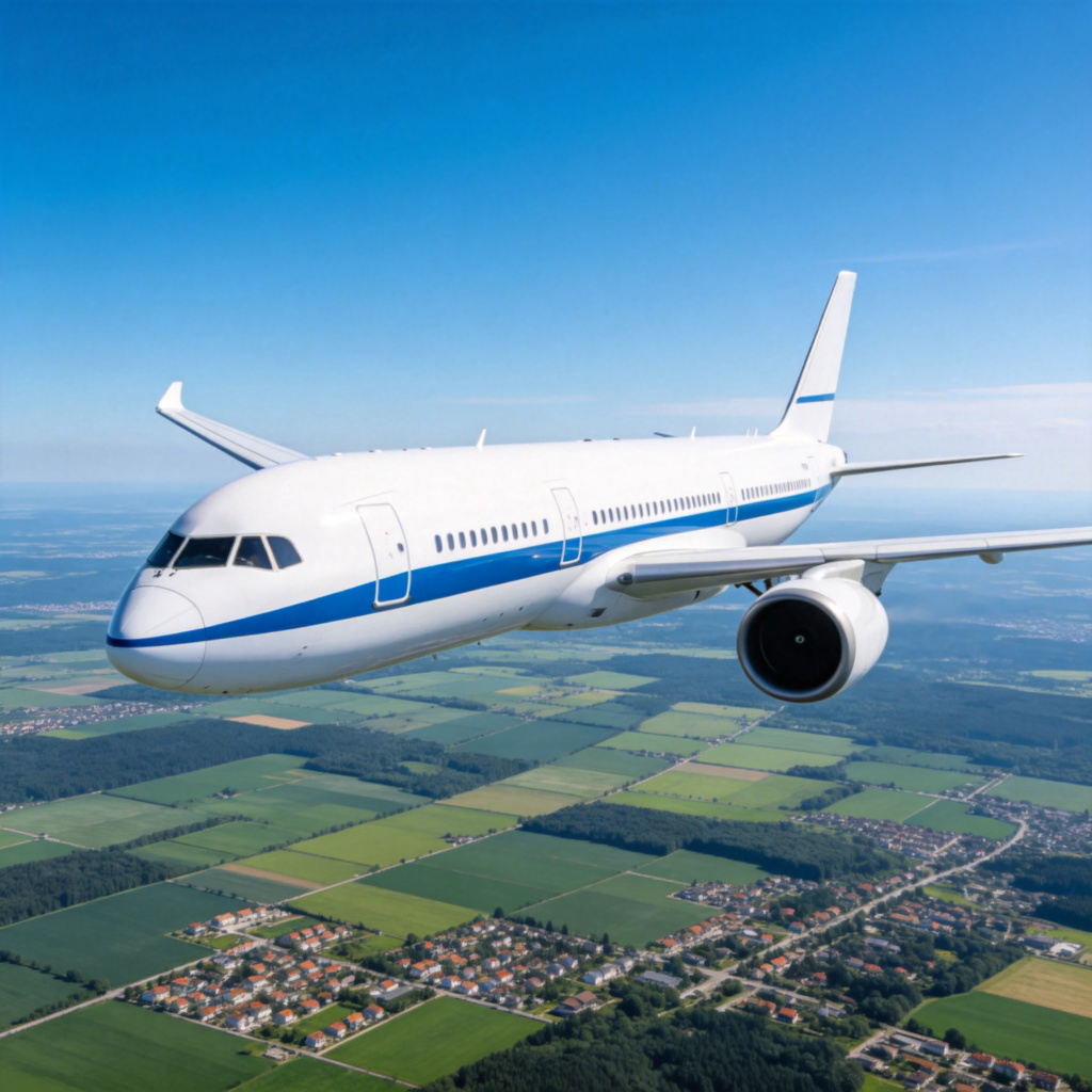 A modern, white passenger airliner with a blue stripe, flying high in a clear blue sky. Below are green fields and suburbs, not military installations. The plane looks like those used by commercial airlines. Sharp focus, photorealistic, no text or logos visible on the plane.