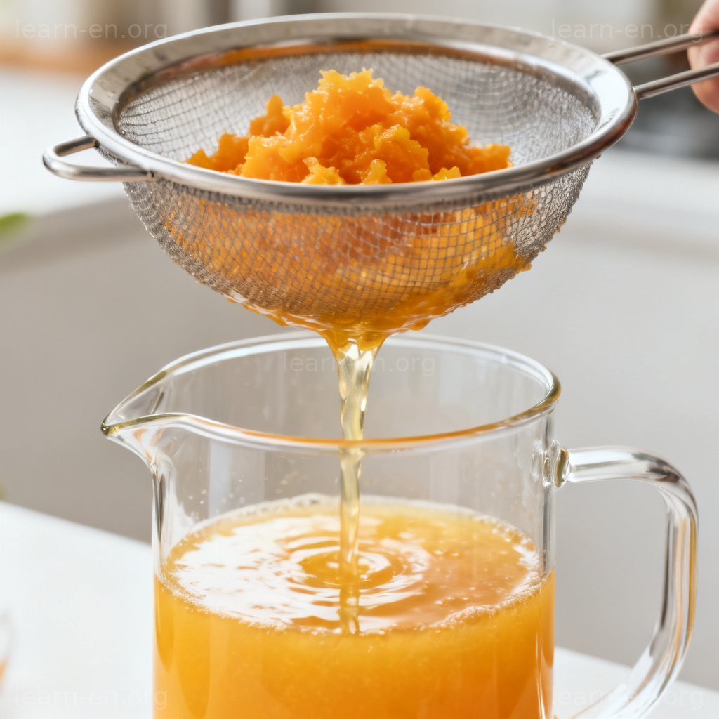 Clarify liquids concept shown by straining pulp from fresh orange juice