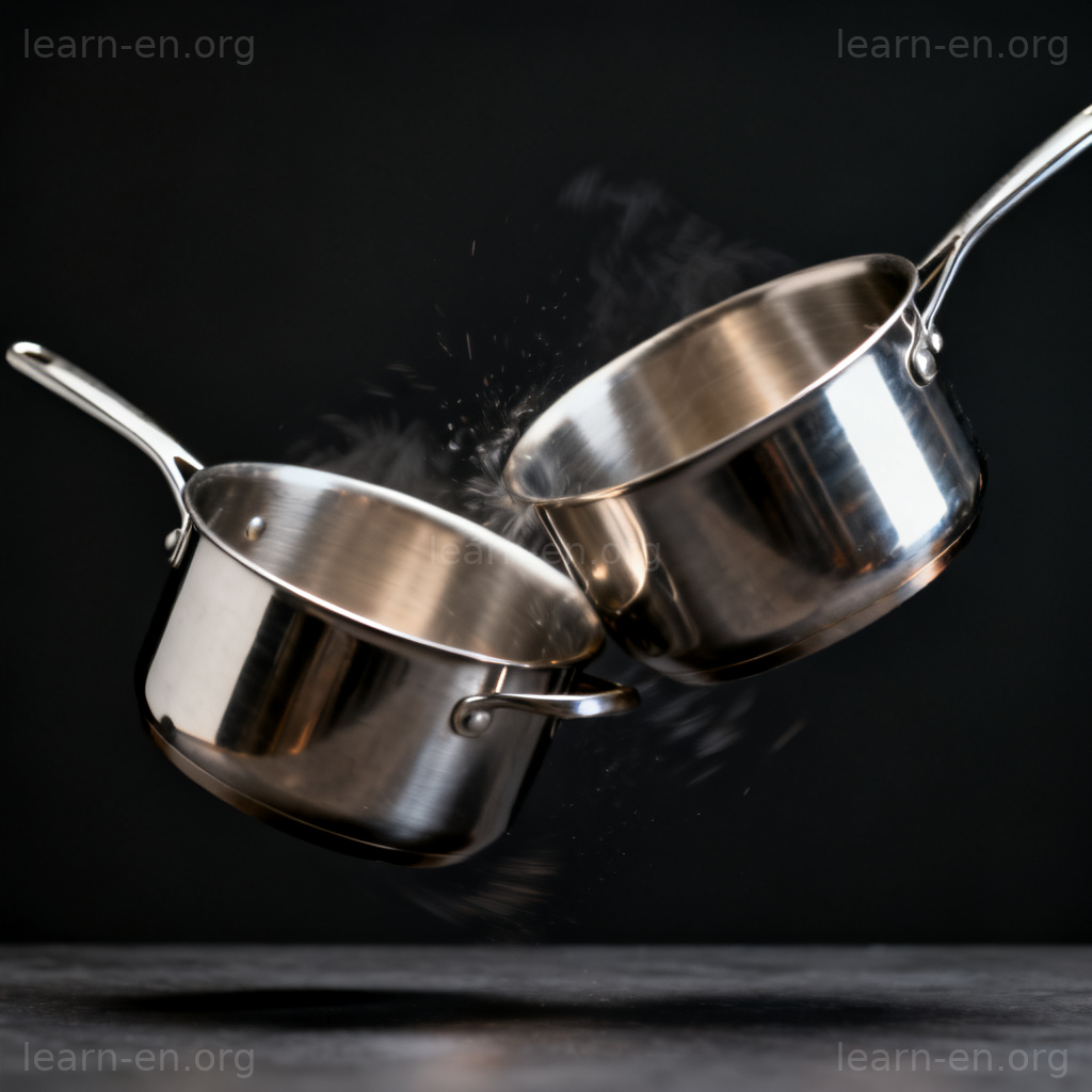 Clash definition: two metal pots colliding with a loud bang in a dynamic close-up.
